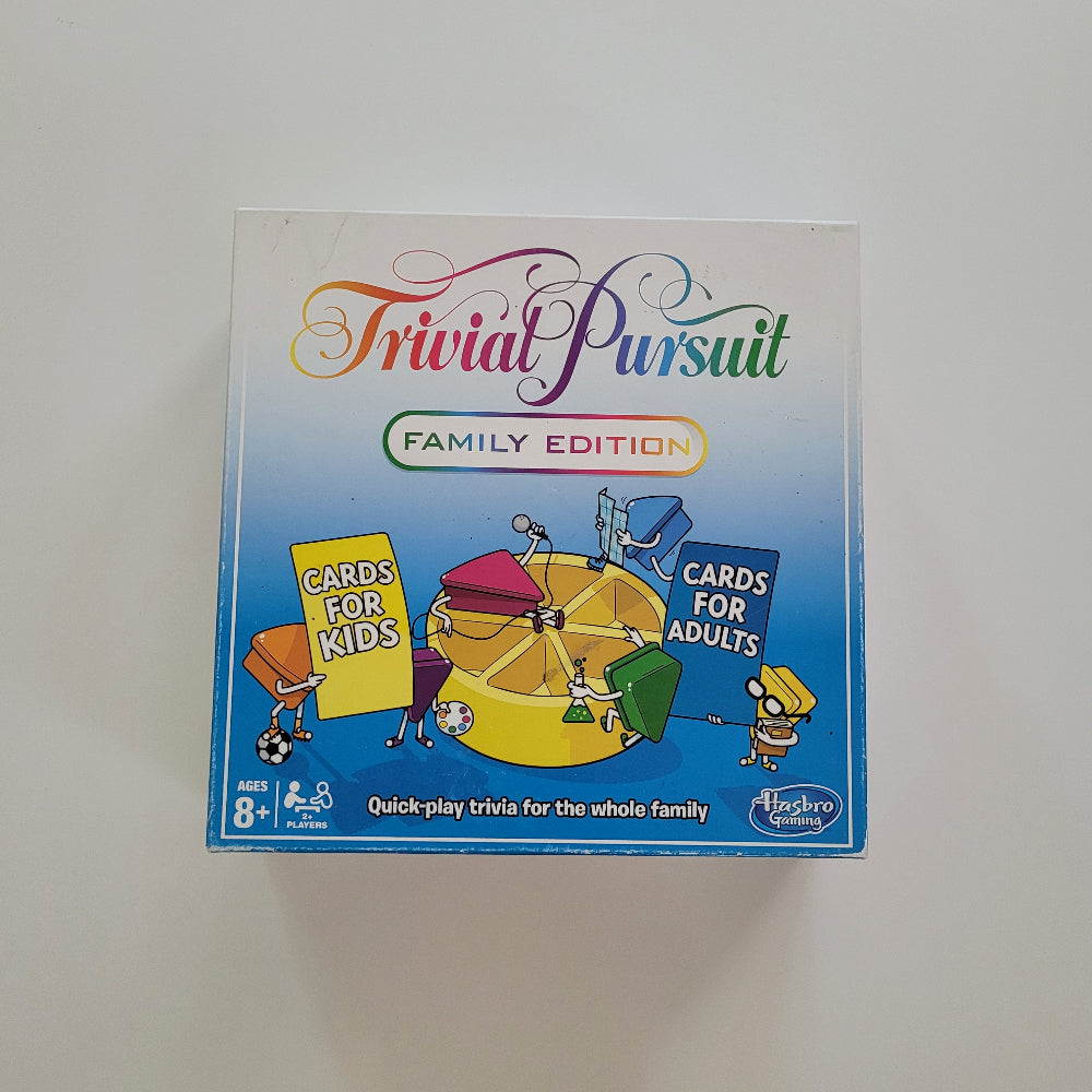Trivial Pursuit Family Edition board game box on a plain white background. The box features colorful cartoon graphics of characters holding cards and a yellow wheel, with the title 'Trivial Pursuit' in a rainbow font and 'Family Edition' below it.