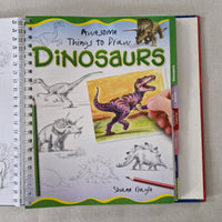 Things to Draw Dinosaurs' with illustrations and a hand holding a colored dinosaur.