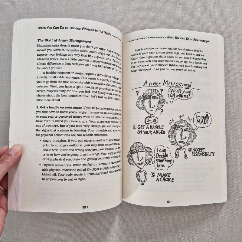 Open book with illustrations on anger management and text on a gray fabric background
