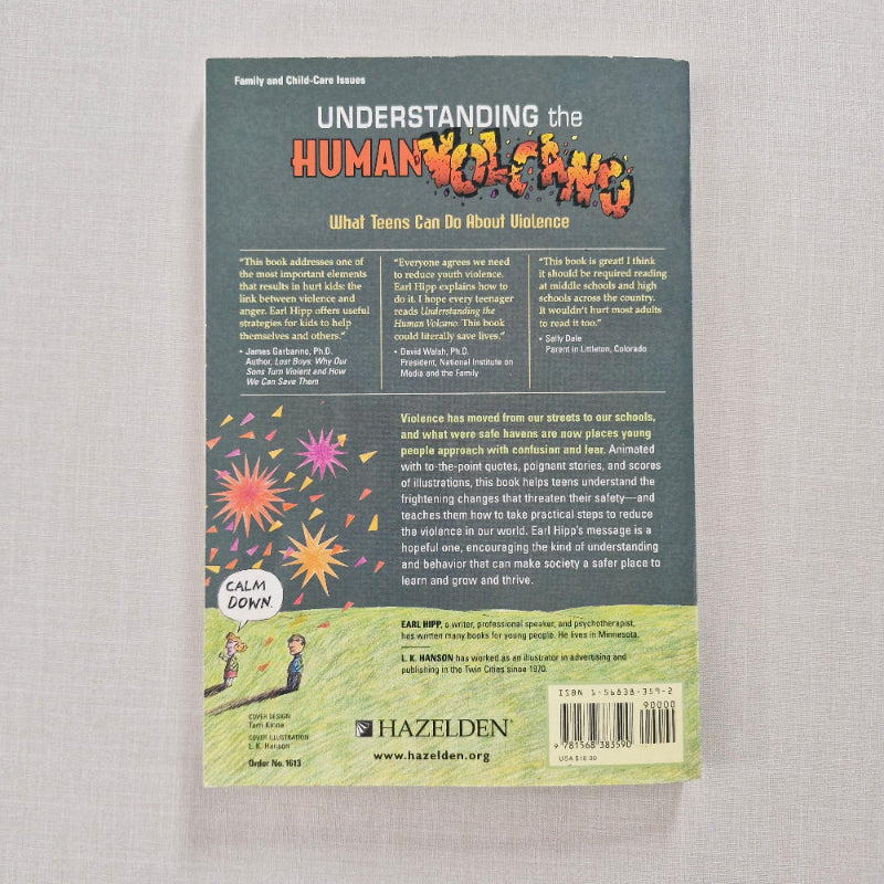Back cover of a book titled 'Understanding the Human Volcano' with colourful designs and text on a gray background.