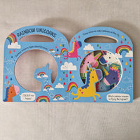 Children's book with colourful unicorn illustrations on a textured beige background