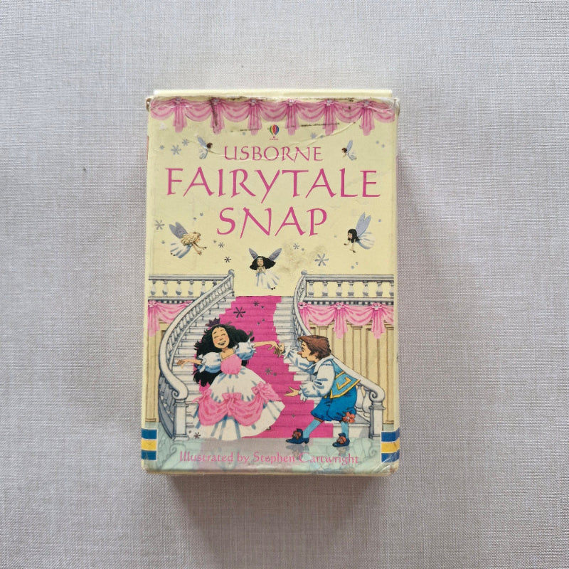 Children's card game titled 'Usborne Fairytale Snap' on a grey background