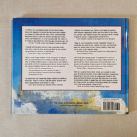 Back cover of a book with text and a scenic illustration on a beige background