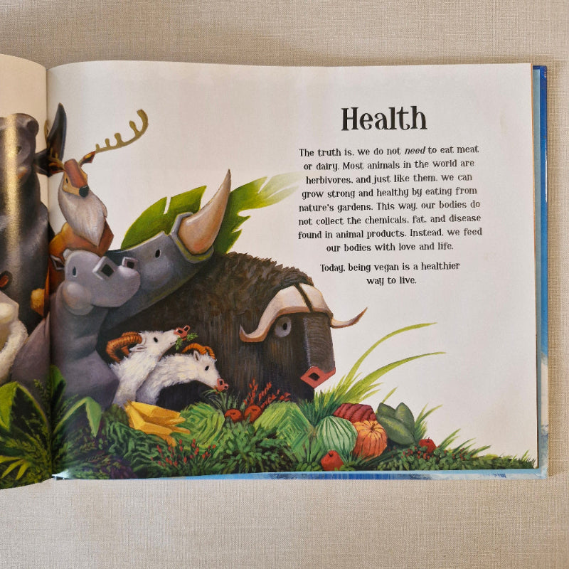 Open book with illustrations of animals and text on a textured surface