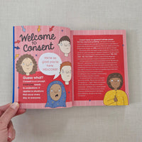 Open Welcome to Consent book with colourful illustrations and text on a textured surface