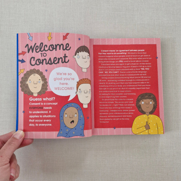 Open Welcome to Consent book with colourful illustrations and text on a textured surface