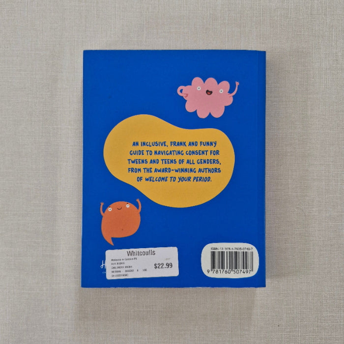 Back cover of a book with cartoon characters and text on a gray background