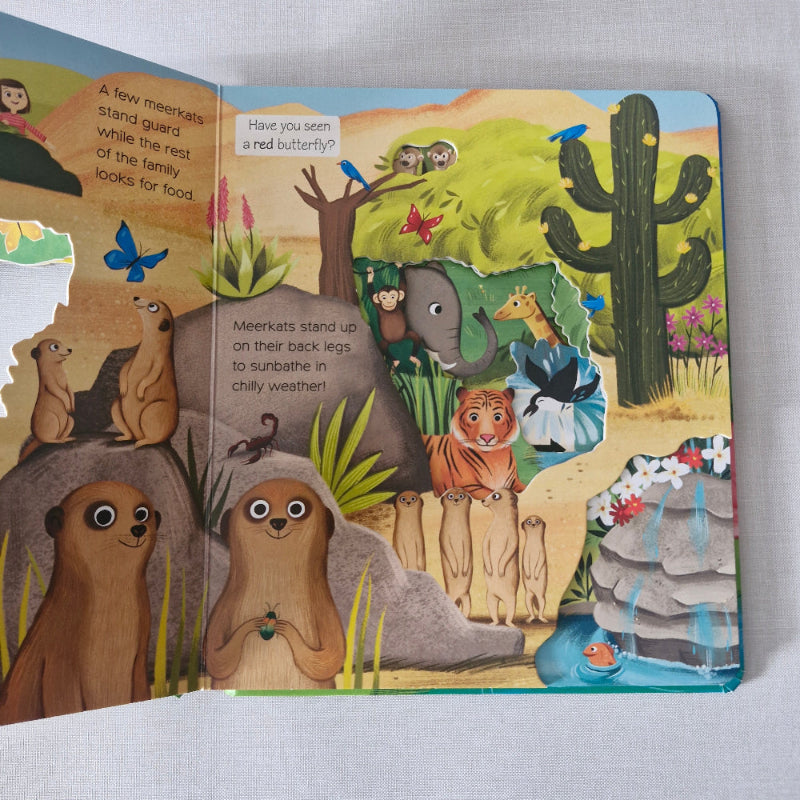 Open children's book with animal illustrations on a white background