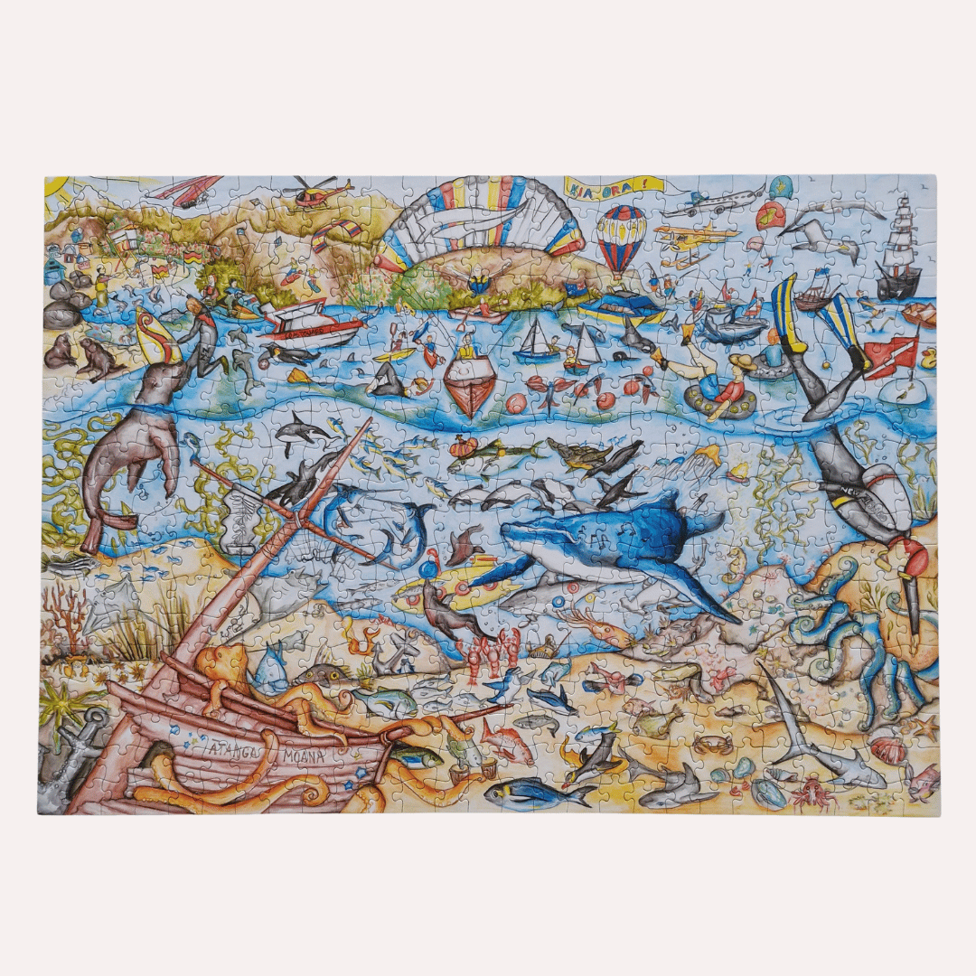 Colourful illustration of a beach scene with various sea creatures and activities.