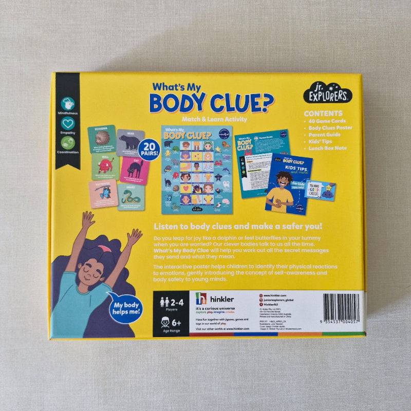 Board game box titled 'What's My Body Clue?' by Hinkler on a beige surface