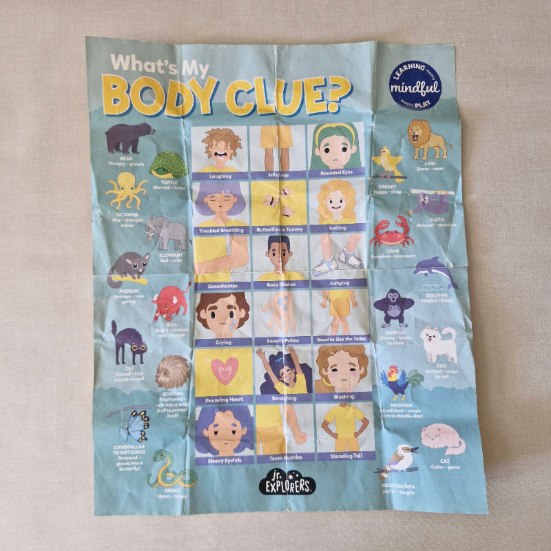 Educational children's book titled 'What's My Body Clue?' on a beige surface