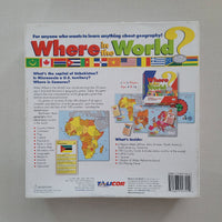 Back of the 'Where in the World?' geography game box by Talicor, showing game information, included maps and pieces, and a barcode on a light gray background.