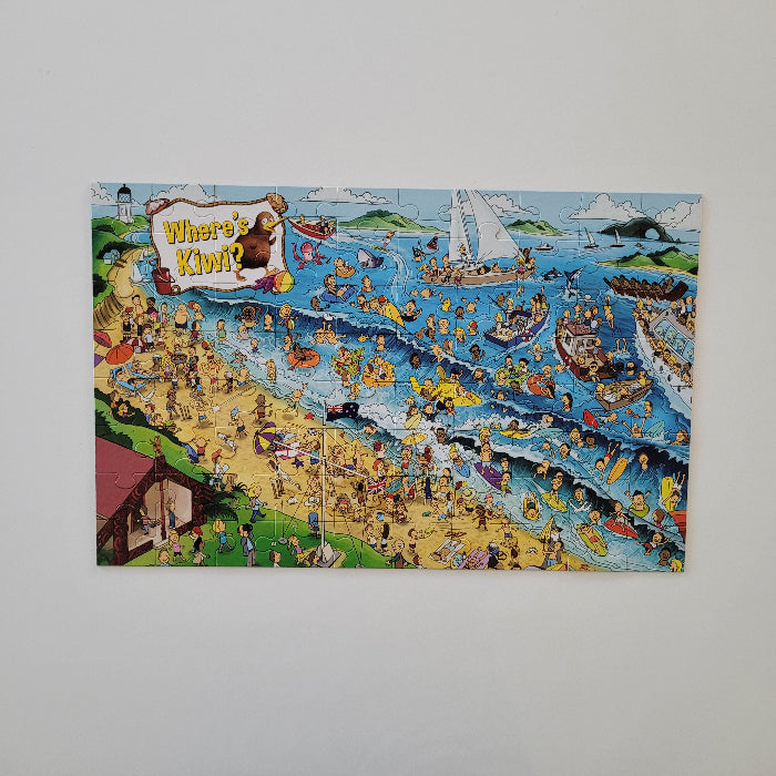 Colourful 'Where's Kiwi?' puzzle on a white background