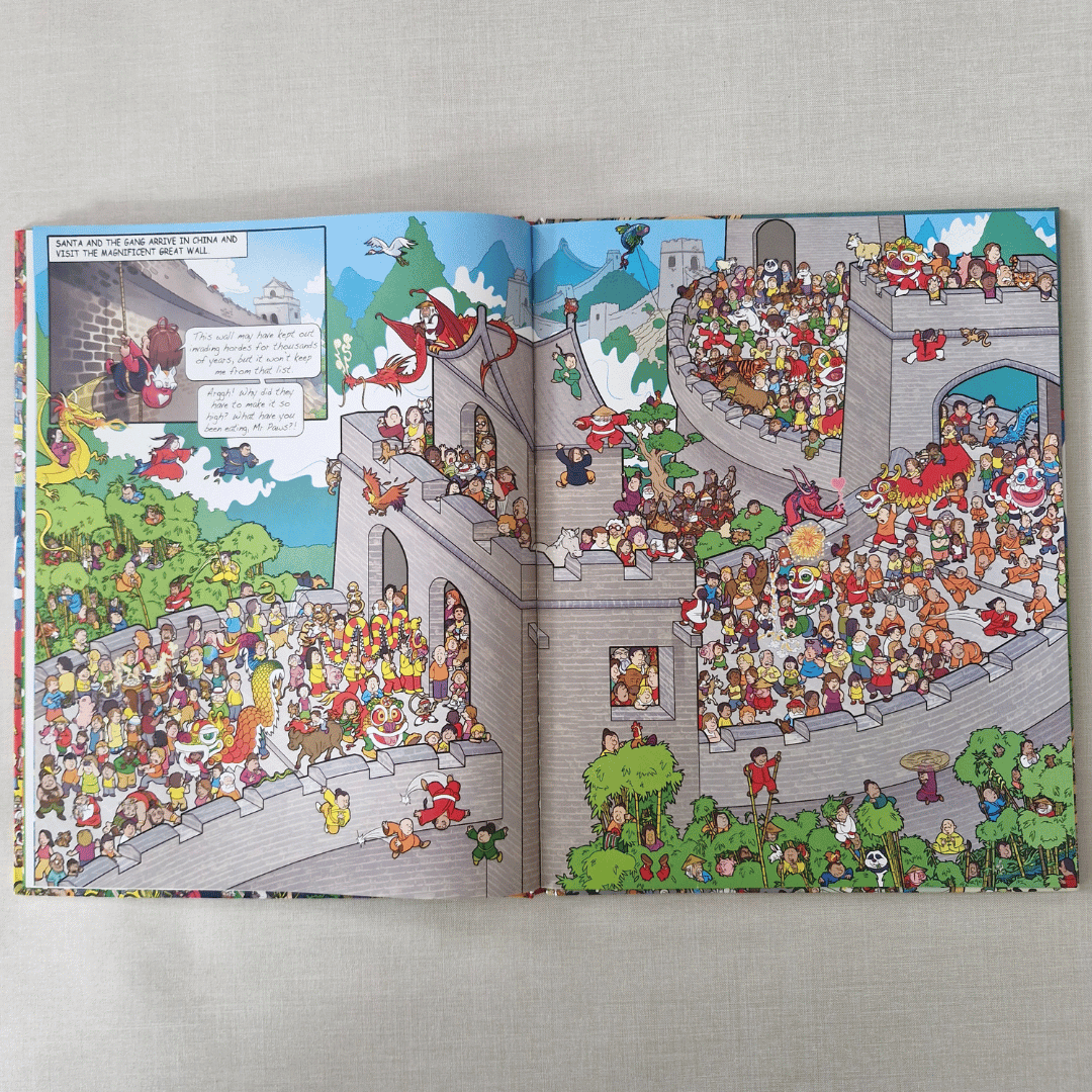 Illustrated book page with a large crowd of cartoon characters gathered around a castle.