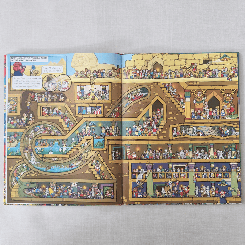 Illustrated book open to a detailed picture of a egypt tombs with various rooms and characters on a grey background.