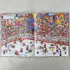 Illustrated book open to a page with a hockey game scene and another with a festive crowd.
