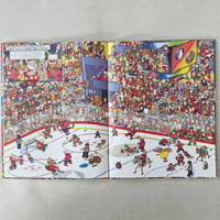 Illustrated book open to a page with a hockey game scene and another with a festive crowd.