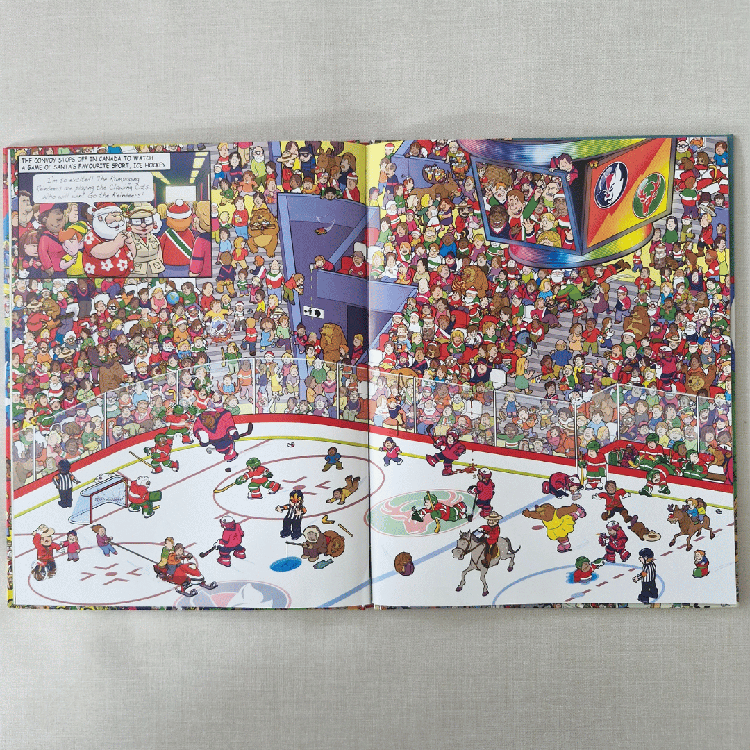 Illustrated book open to a page with a hockey game scene and another with a festive crowd.