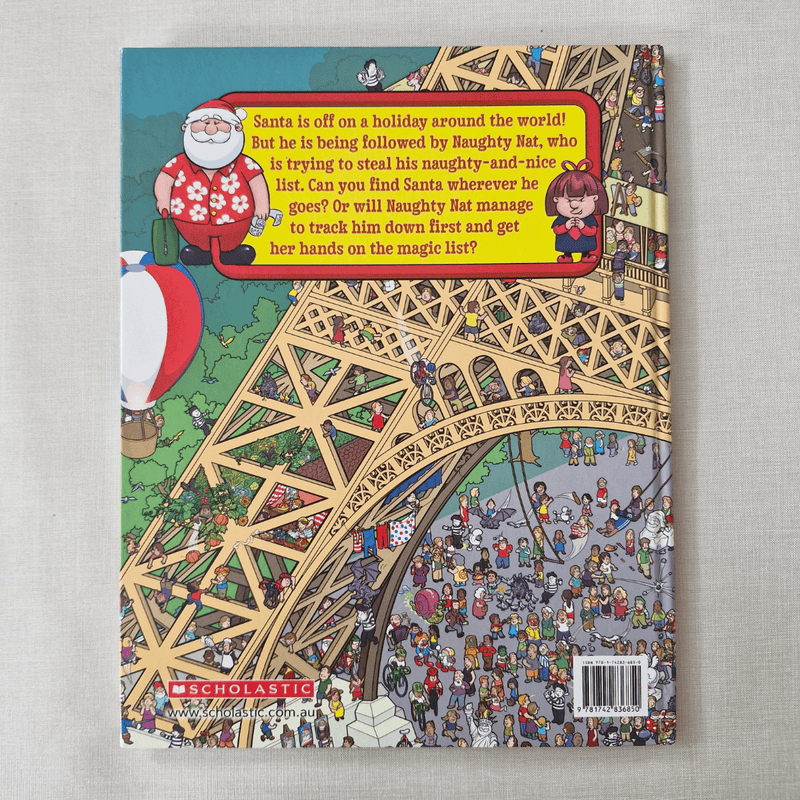 Book cover with a colourful illustration of Santa Claus and Naughty Hat on a grey background