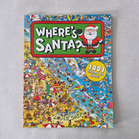 Book cover of 'Where's Santa?' with colourful illustrations on a grey background