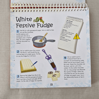 Recipe book page for white festive fudge with illustrations and text.