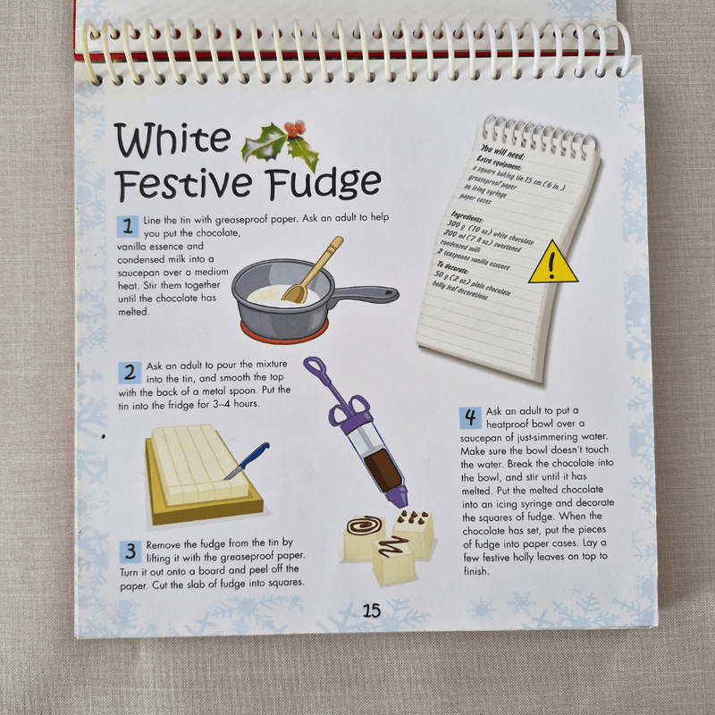 Recipe book page for white festive fudge with illustrations and text.