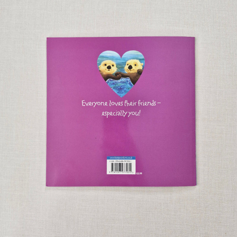 Purple back of book with teddy bear design and text on a textured surface