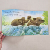 Children's book with elephant illustrations on a beige background