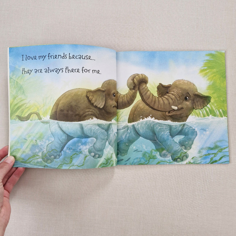 Children's book with elephant illustrations on a beige background