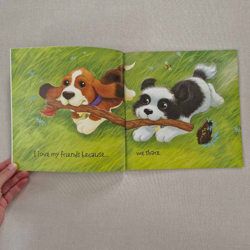 book page with illustrations of two dogs on a green background