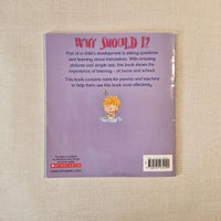 Back cover of a book titled 'Why Should I?' with a cartoon character on a beige textured background