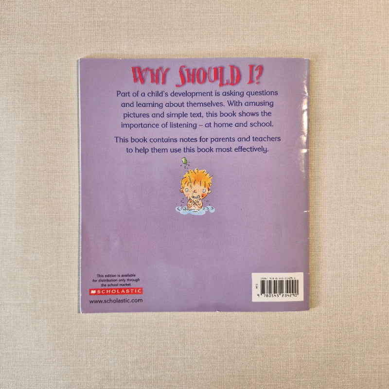 Back cover of a book titled 'Why Should I?' with a cartoon character on a beige textured background