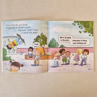 Open book with illustrated children at a table on a beige background