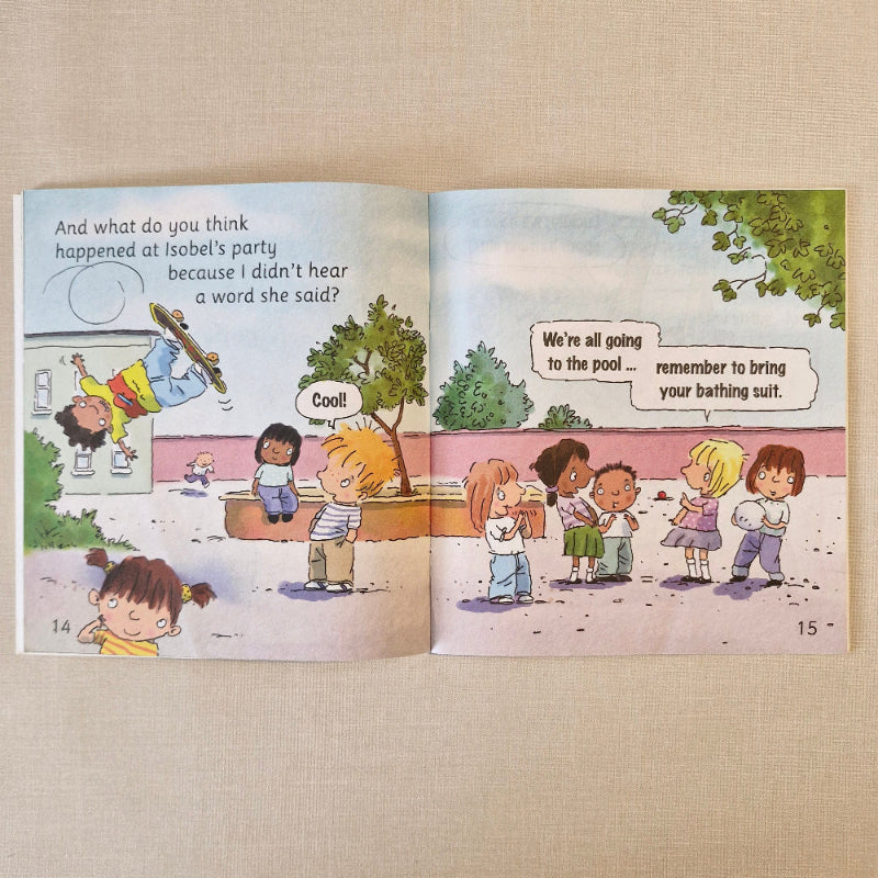 Open book with illustrated children at a table on a beige background