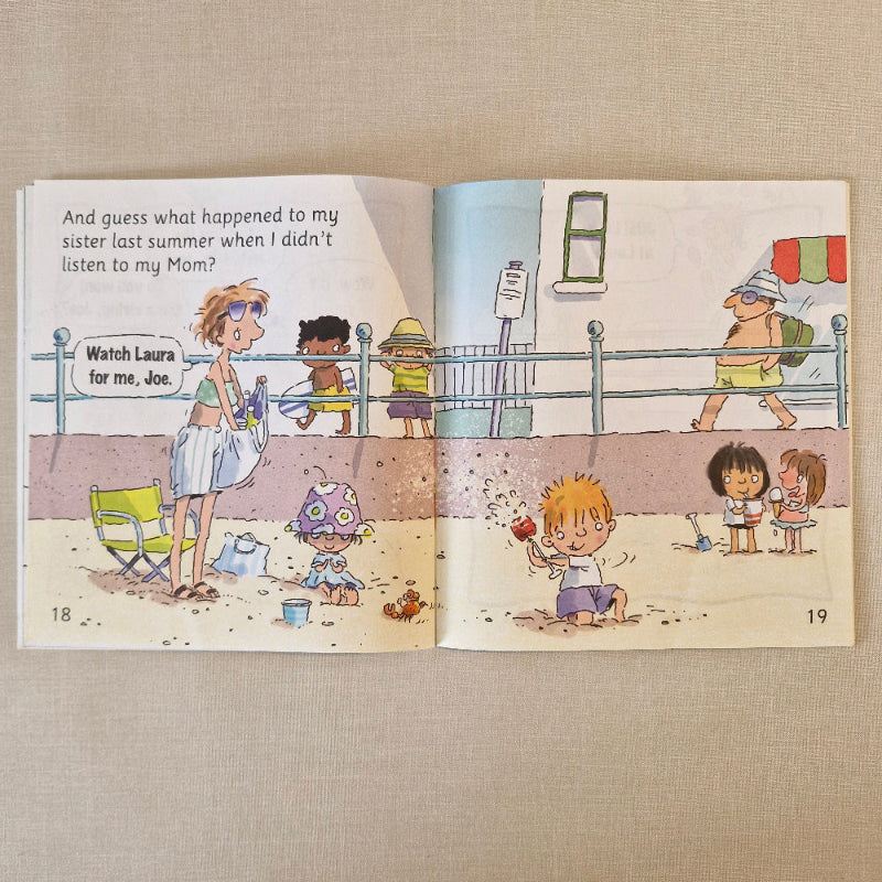 Illustrated children's book open to a page with cartoon characters on a textured beige background