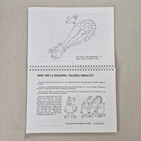 Sheet of paper with black and white illustrations and text on a beige background