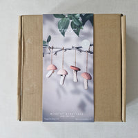 Brown box with a decorative label featuring mushrooms and leaves on a light grey background