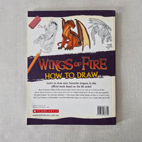 Book back cover with title 'Wings of Fire: How to Draw' on a gray textured background