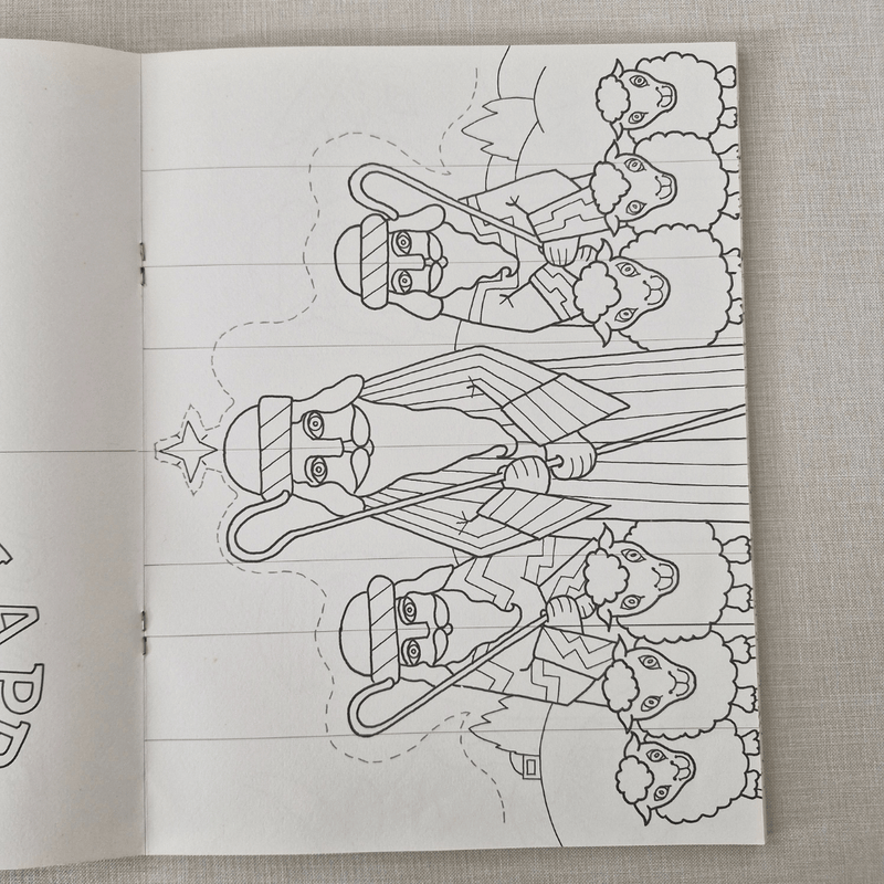 Colouring book page with a black and white illustration of shepherds and sheep on a textured surface.