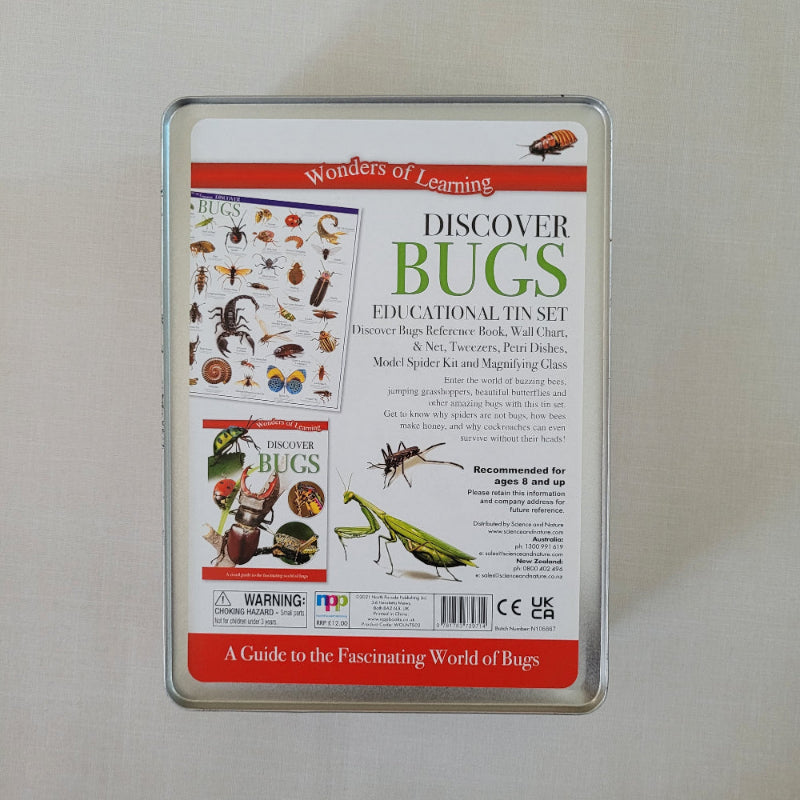 Educational tin set packaging for 'Discover Bugs' on a white background