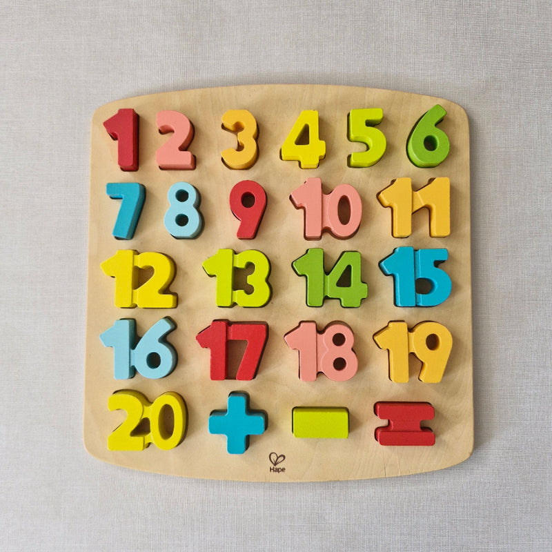 Wooden puzzle with colourful numbers and letters on a light grey background