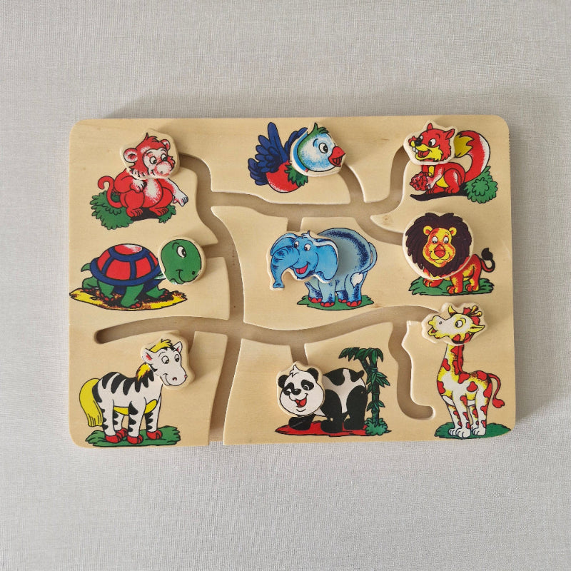 Wooden puzzle with colourful animal figures on a light gray background