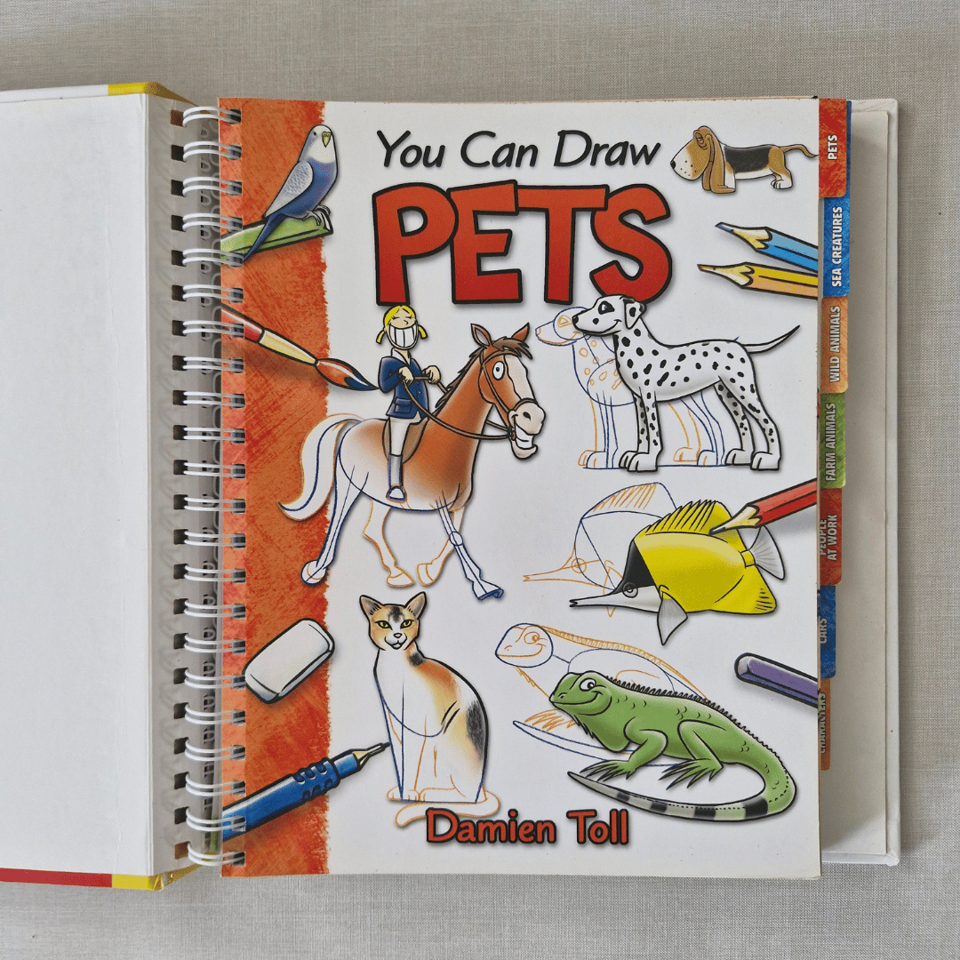 Book titled 'You Can Draw Pets' by Damien Toll on a grey background