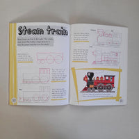Open book with instructions on drawing a steam train on a plain background