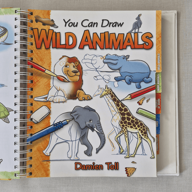 Book titled 'You Can Draw Wild Animals' by Damien Toll on a grey background