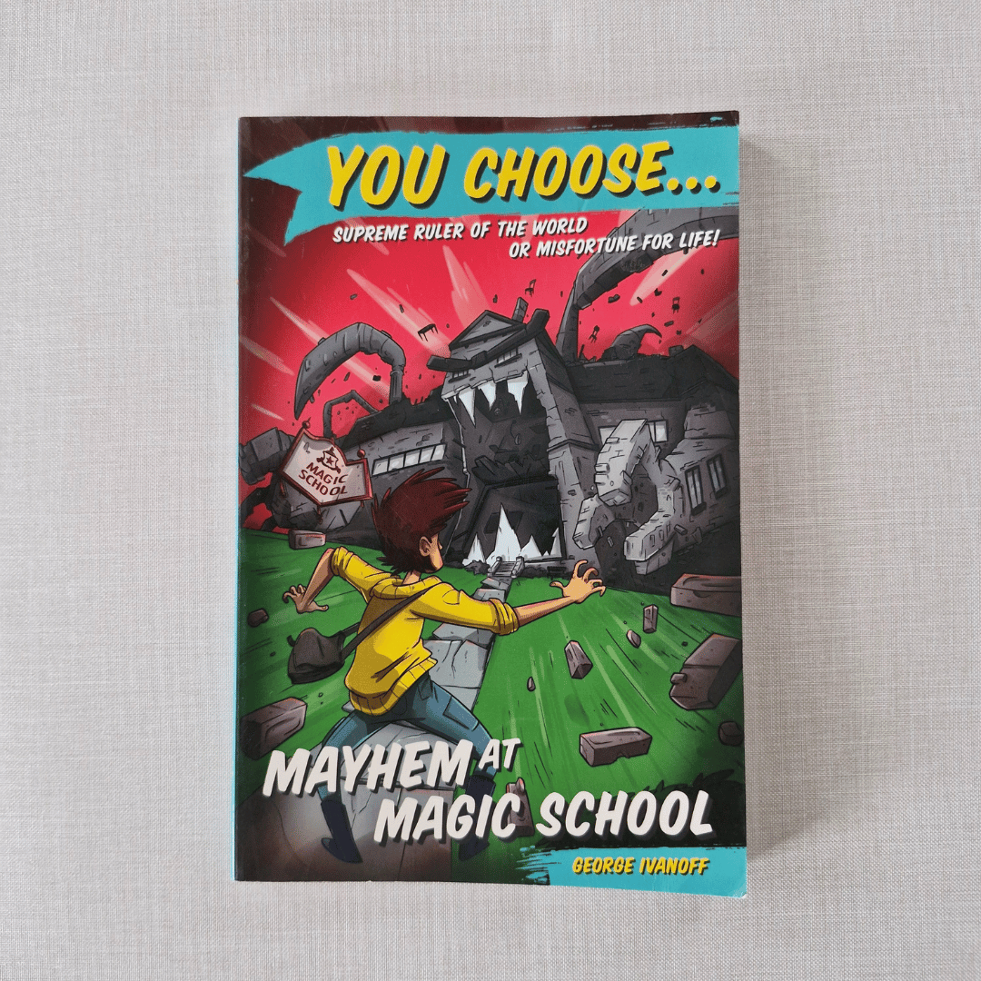 Book cover of 'Mayhem at Magic School' from the 'You Choose' series on a textured grey background