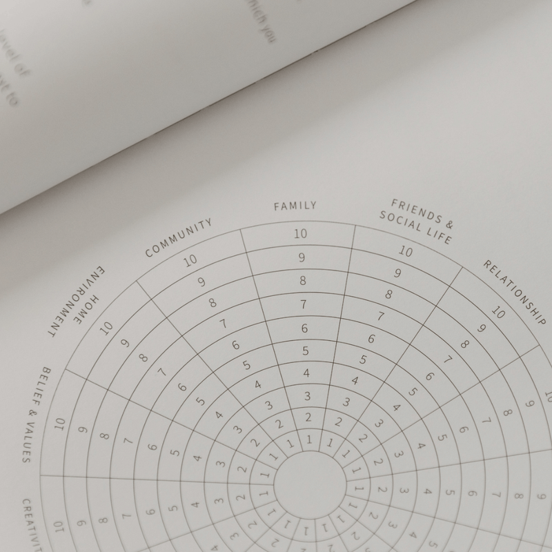 Wellbeing Circular rating scale on a piece of paper with categories like 'Family', 'Friends & Social Life', and 'Relationship'.