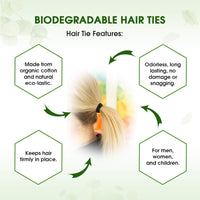Graphic showing four features of the biodegradable hair ties.