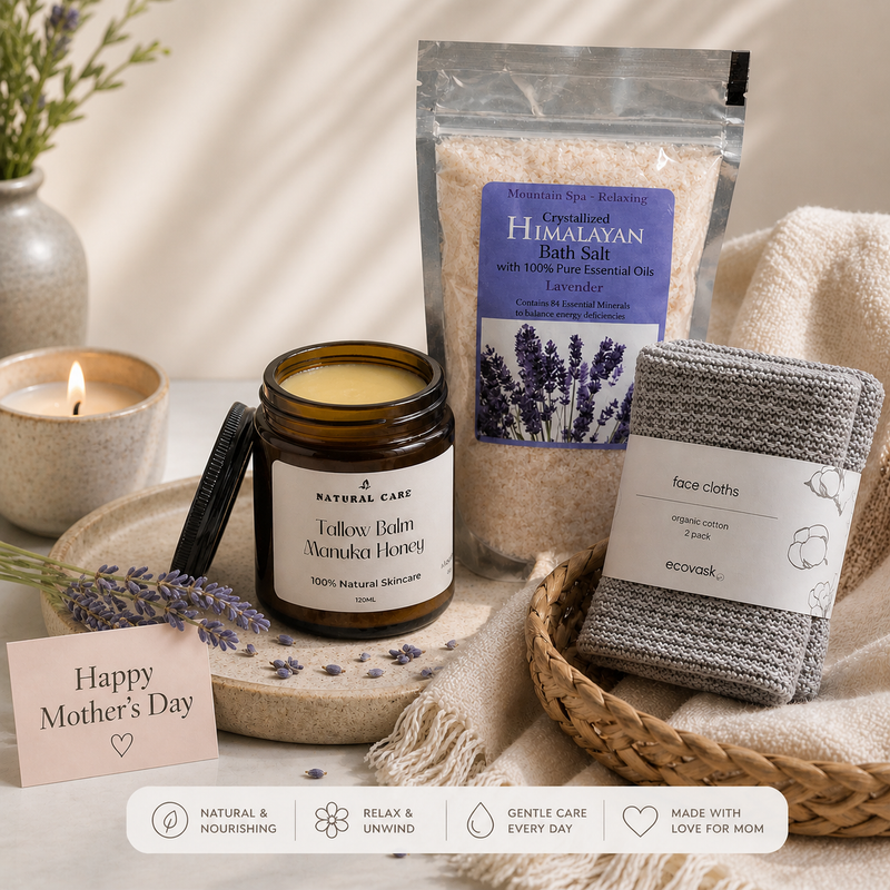 calm and restore bundle featuring tallow balm, lavender bath salts and organic cotton face cloth twin pack