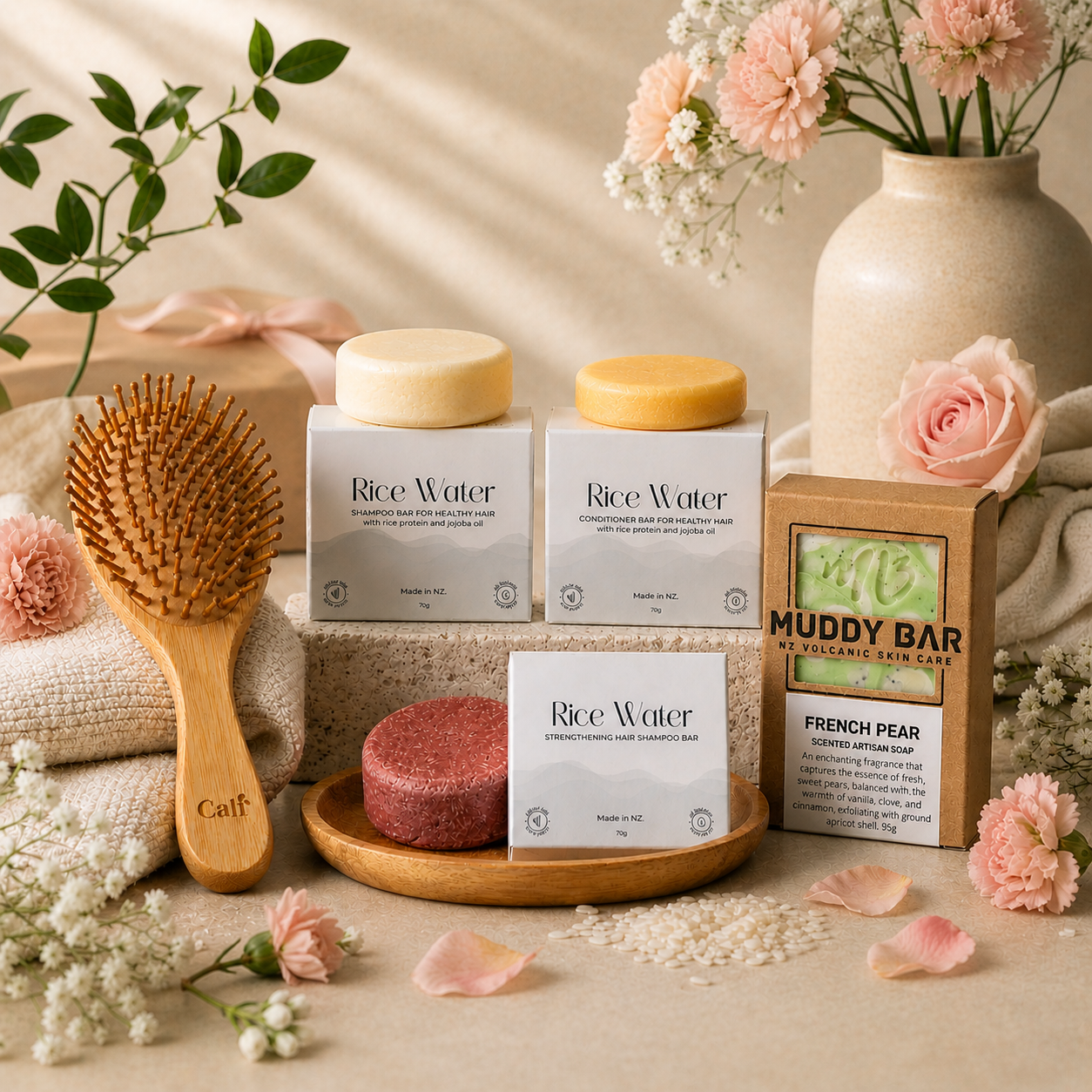 bundle of sustainable haircare products, including shampoo and conditioner bars, a bamboo hair brush and a body soap